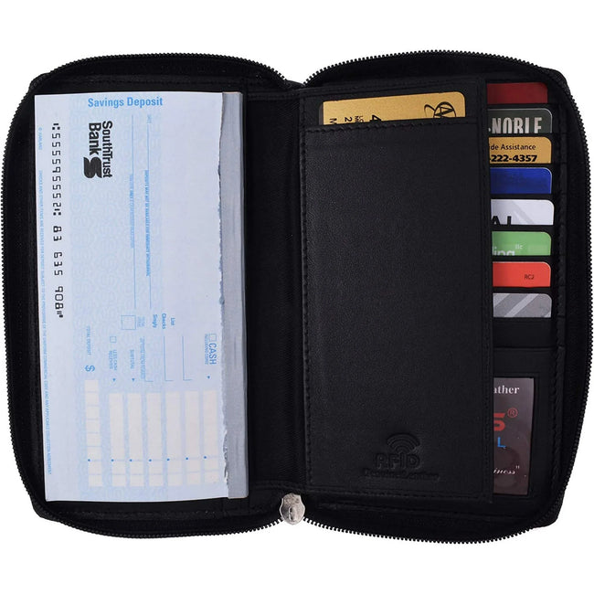 Marshal Genuine Leather Double Zipper Clutch Checkbook Wallet for Women #4575CF RFID Black