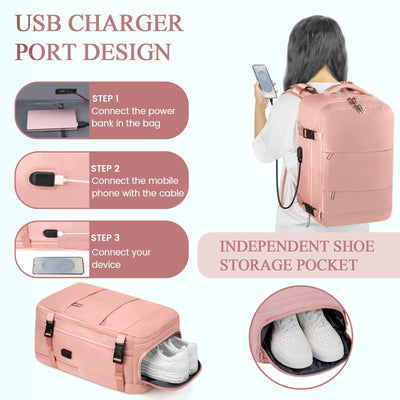 DAKOMM 17.7" Travel Backpack with USB Port & Shoe Compartment, TSA-Approved Laptop Carry On Backpack, Waterproof Large Casual Daypack Travel Bag for Women Men Weekender Trips, Business & Hiking, Pink