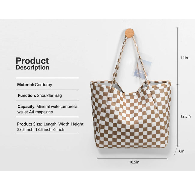 Gocvo Corduroy Tote Bag, Extra Large Tote Bag for Women, Soft and Lightweight Lady Handbags for Travel Work Everyday(Brown Grid)