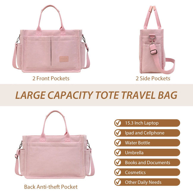 Cshidworld Large Canvas Tote Bag for Women, Womens Laptop Work Book Bags w/Side Pockets/Wet Pocket, Crossbody Purse Handbag, Travel Messenger Gym Bag, Gifts for Women, Pink