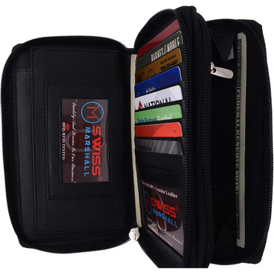 Marshal Genuine Leather Double Zipper Clutch Checkbook Wallet for Women #4575CF RFID Black