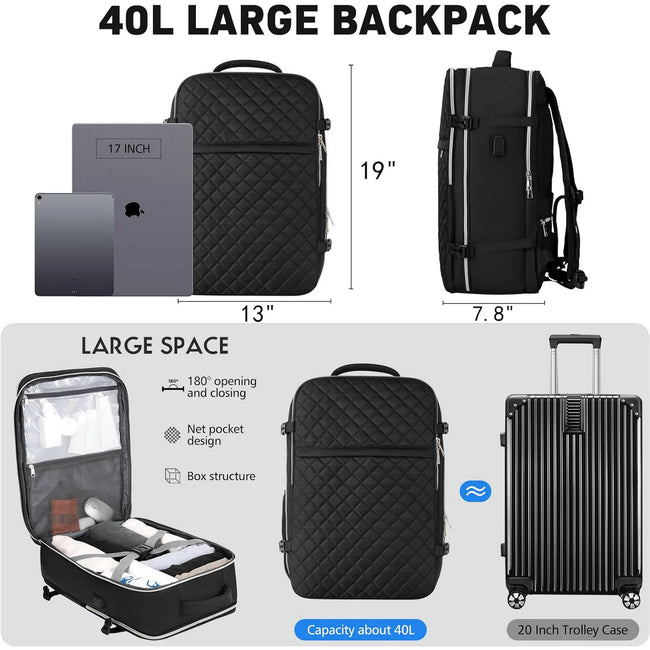 Travel Backpack For Women And Men, 40L Flight Approved Carry On Bag, Water Resistant Large Casual Daypack Fit 17 Inch Laptop with USB Charging Port, The Best Gift Choice