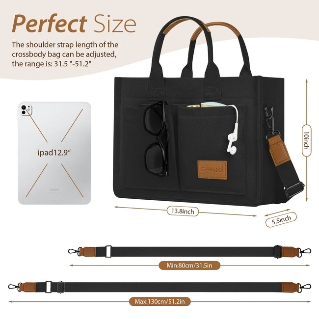 Cshidworld Canvas Tote Bag for Women With Pockets, Laptop Work Crossbody Everyday Satchel, Purses Everything Shoulder Tote Bag Everyday Satchel Handbags Messenger Gym Totes, Black