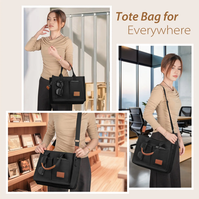 Cshidworld Canvas Tote Bag for Women With Pockets, Laptop Work Crossbody Everyday Satchel, Purses Everything Shoulder Tote Bag Everyday Satchel Handbags Messenger Gym Totes, Black