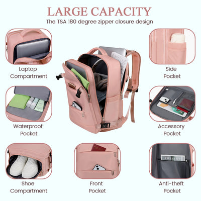 DAKOMM 17.7" Travel Backpack with USB Port & Shoe Compartment, TSA-Approved Laptop Carry On Backpack, Waterproof Large Casual Daypack Travel Bag for Women Men Weekender Trips, Business & Hiking, Pink