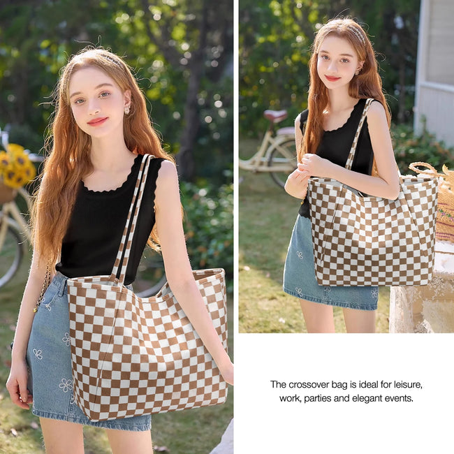 Gocvo Corduroy Tote Bag, Extra Large Tote Bag for Women, Soft and Lightweight Lady Handbags for Travel Work Everyday(Brown Grid)