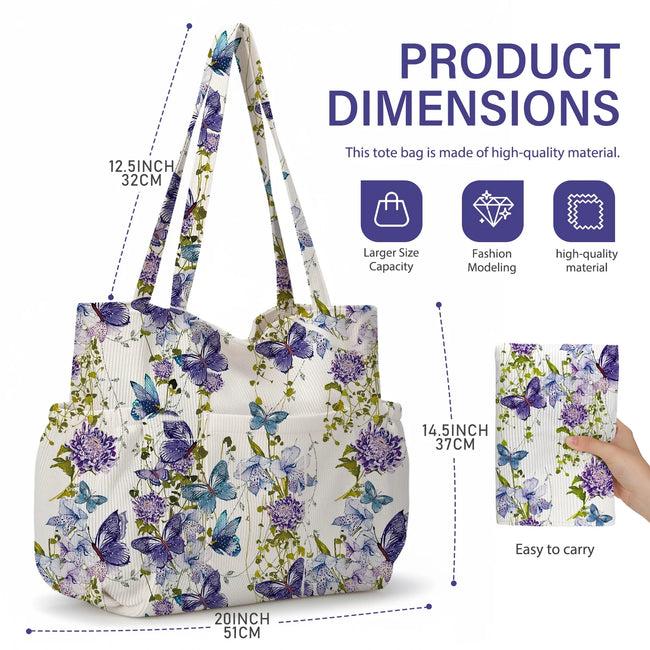 Gocvo Multiple Pockets Corduroy Bag, Large Tote Bag for Women, Ladies Bag Casual Hobo Handbags(Butterfly)
