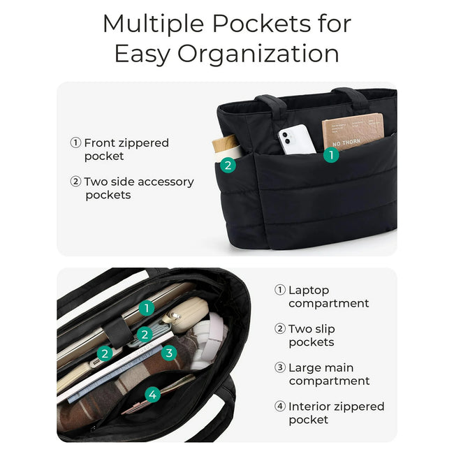 Gocvo Tote Bag for Women, Large Capacity Lightweight Puffer Bag, Waterproof Shoulder Bag for Women for Daily Travel, Gym, Work(Black)