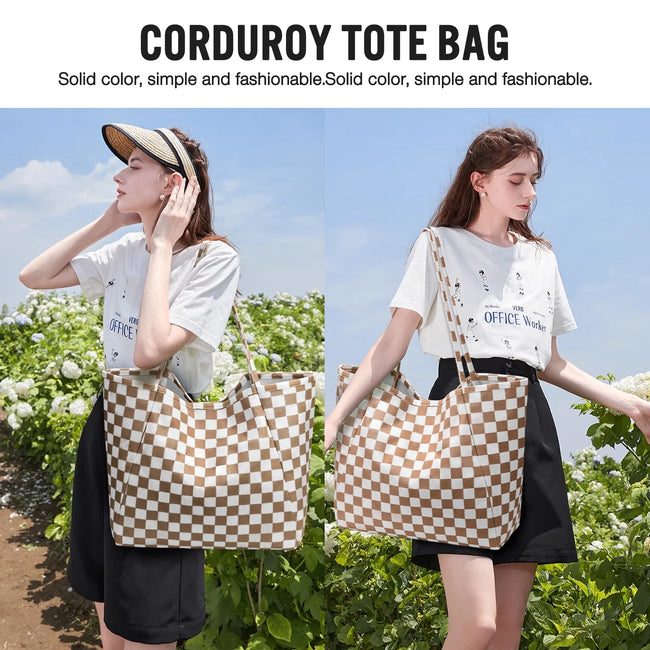 Gocvo Corduroy Tote Bag, Extra Large Tote Bag for Women, Soft and Lightweight Lady Handbags for Travel Work Everyday(Brown Grid)