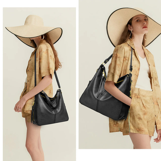 XUEYU Hobo Bag for Women, Handbag and Wallet Set, Trendy Tote Bag w/ Large Capacity, Faux Leather Crossbody Bag w/ Detachable & Adjustable Shoulder Strap & Zip Wallet, Shoulder Bag Bucket, Black