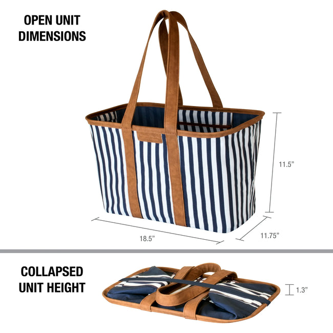 CleverMade Collapsible Canvas Tote Bag, 8 Gal, Navy Striped