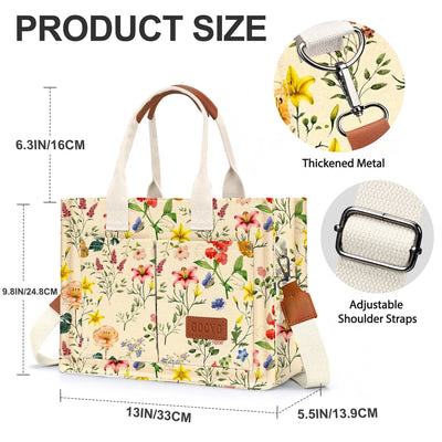 Gocvo Canvas Tote Bag for Women, Large Multi-Pocket Shoulder Handbag, Crossbody Messenger Bag, Retro Flower