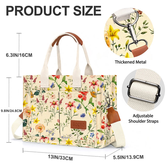 Gocvo Canvas Tote Bag for Women, Large Multi-Pocket Shoulder Handbag, Crossbody Messenger Bag, Retro Flower