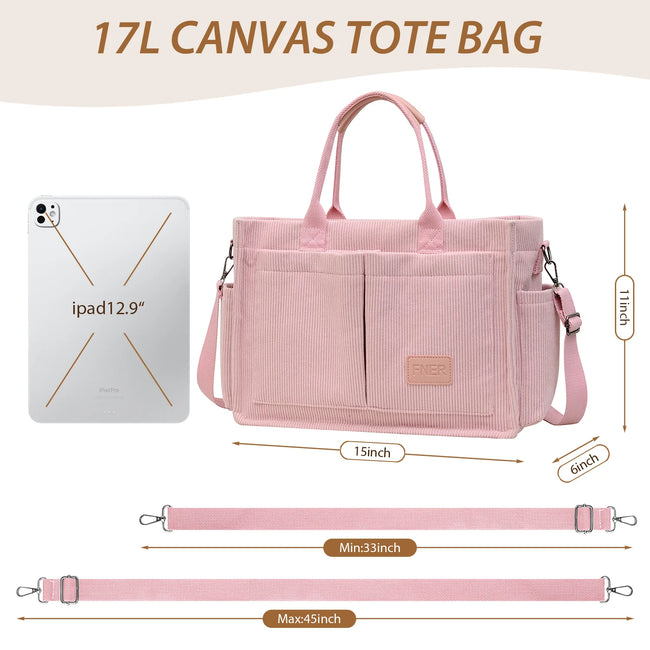 Cshidworld Large Canvas Tote Bag for Women, Womens Laptop Work Book Bags w/Side Pockets/Wet Pocket, Crossbody Purse Handbag, Travel Messenger Gym Bag, Gifts for Women, Pink