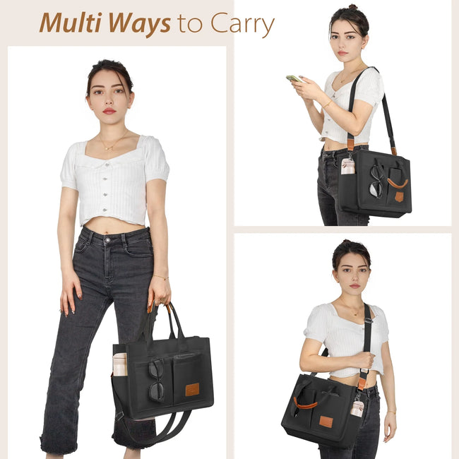 Cshidworld Canvas Tote Bag for Women With Side Pockets, Laptop Work Crossbody Everyday Satchel, Purses Shoulder Tote Bag Everyday Satchel Handbags Messenger for Travel Nurse College Gift, Black