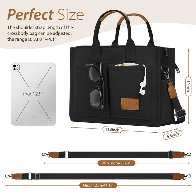 Cshidworld Canvas Tote Bag for Women With Side Pockets, Laptop Work Crossbody Everyday Satchel, Purses Shoulder Tote Bag Everyday Satchel Handbags Messenger for Travel Nurse College Gift, Black